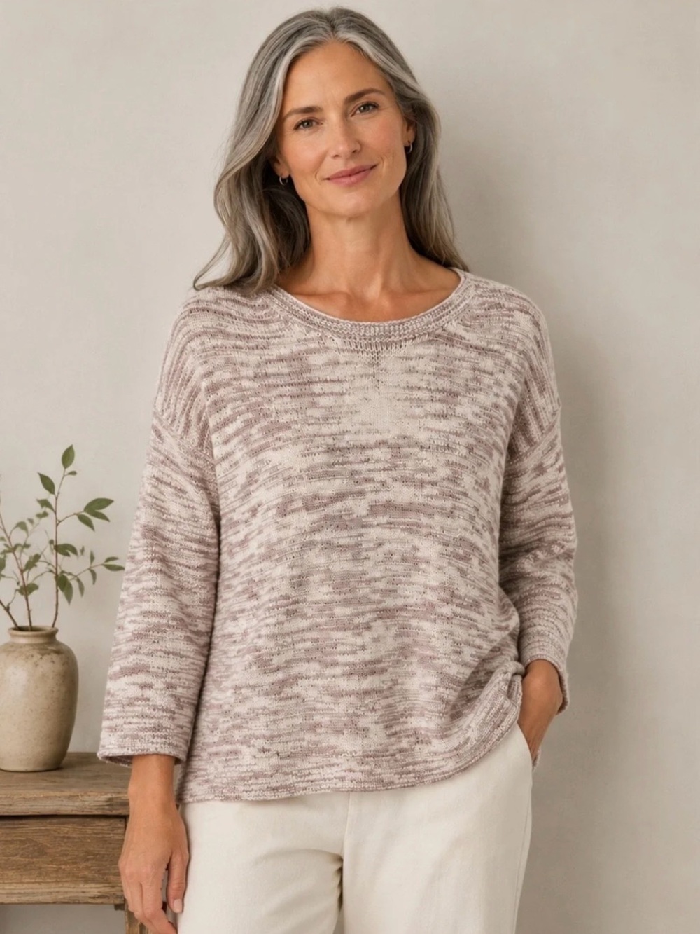 Pure Jill Knit Crewneck Sweater in Cream/Tan and White. Size Small.Oversized
